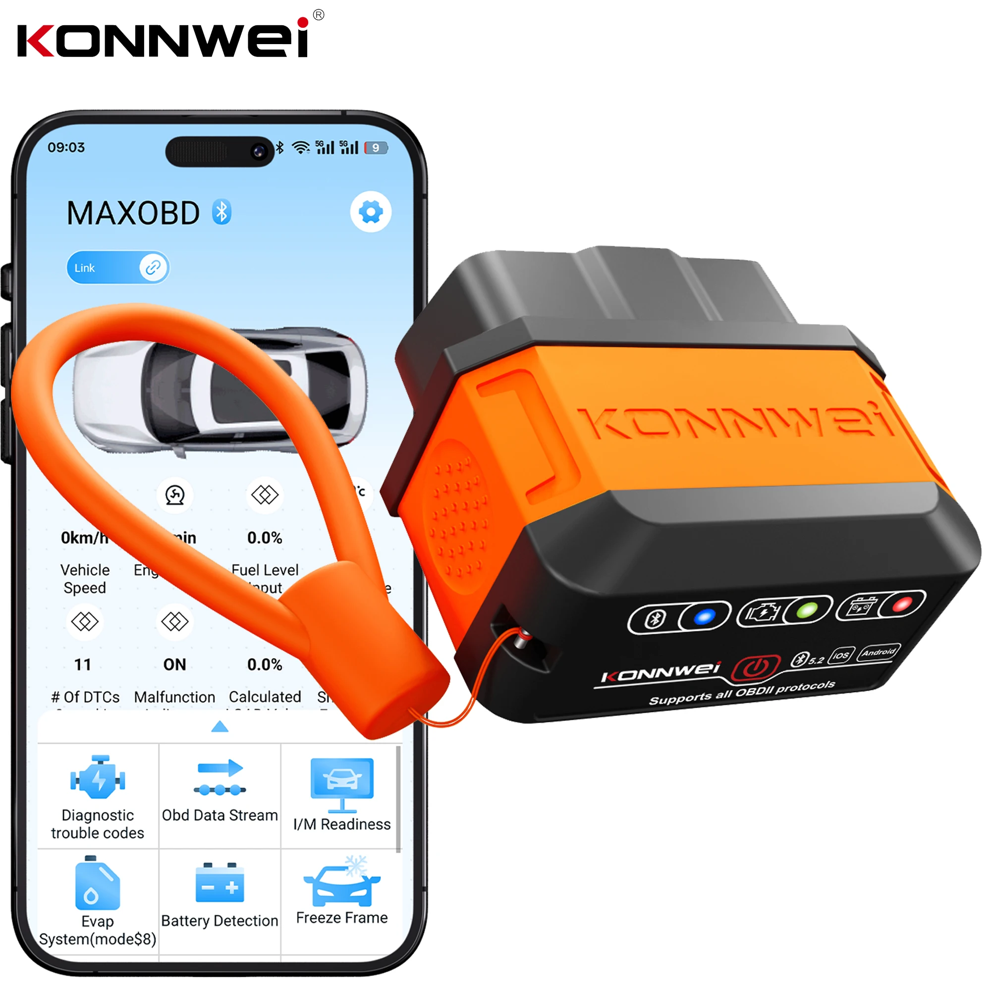 Scanner OBD2 Bluetooth KONNWEI KW906, Ferramenta de Diagnóstico Automotivo, Leitor de Códigos de Veículos, Dados em Tempo Real, Scanner de Verificação do Motor para Android e iOS