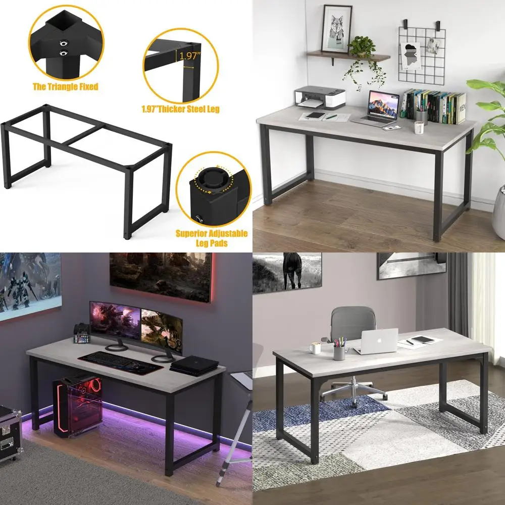 

63-inch Spacious Modern PC Desk, Thick Wooden Top, Black Metal Frame, White and Black