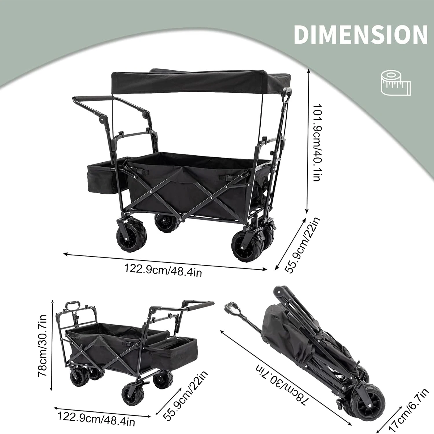 Foldable 1Pc Caravan ATV with Seat Straps and Canopy Suitable for ATV, Picnic, Camping, Garden Folding Cart Push Cart with Table