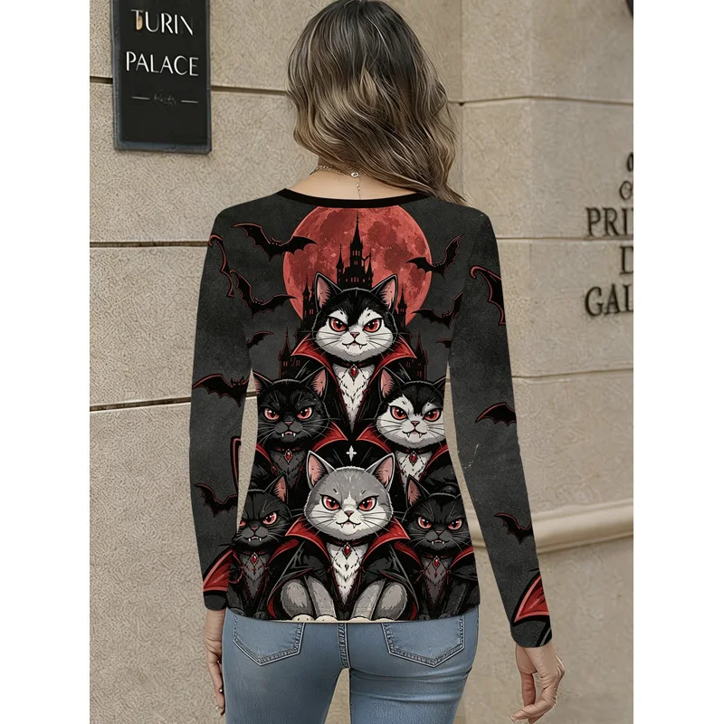 Plus Size - Women'S Black V-Neck Long Sleeve Top Vampire Cat Red Castle Bat Dark Halloween Cartoon Printed Long Sleeve Shirt