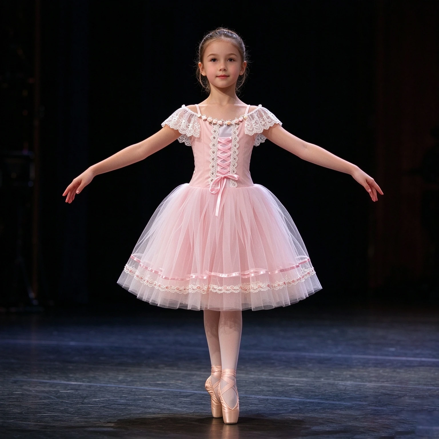 Vestido de tutú de ballet romántico rosa para niñas, con diseño de encaje floral y hombros descubiertos, falda de tul en capas para bailarinas, ideal para presentaciones y espectáculos infantiles.