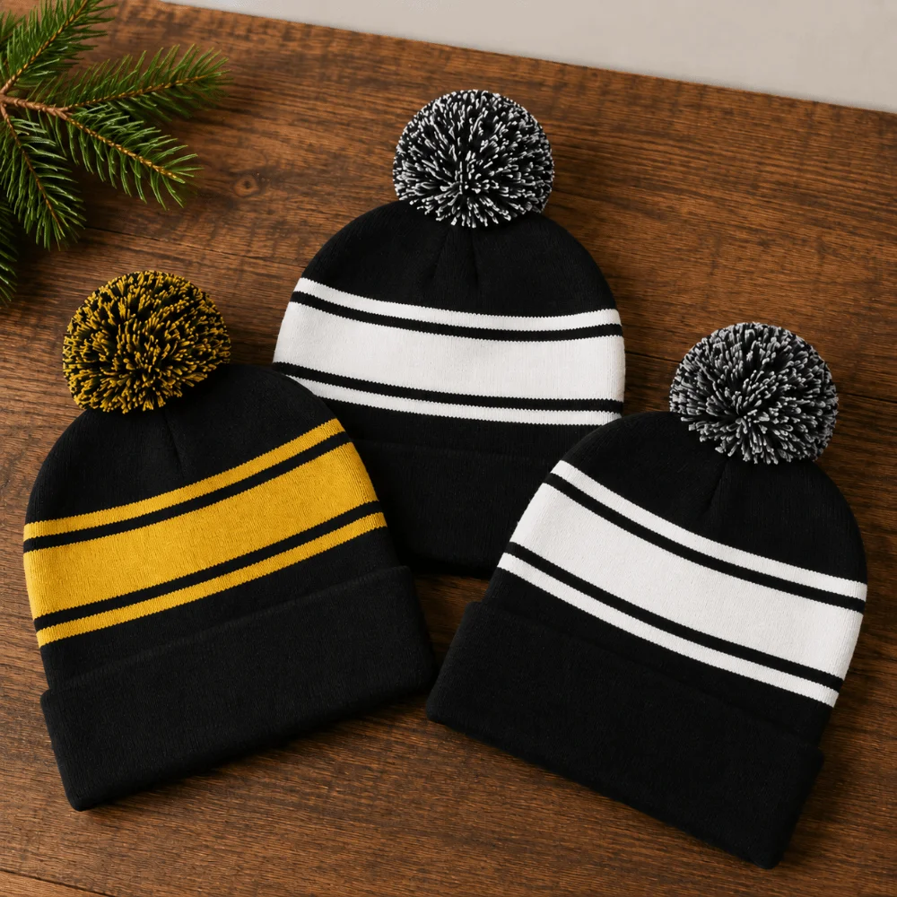 Thick Knitted Warm Winter Hat Stretchy Mixed Color Ski Beanies Pompoms Design Ear Protection Warm Knitted Beanie Unisex