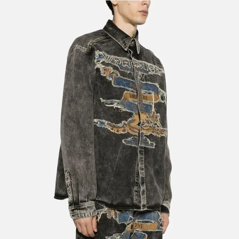 

Chinese Denim Shirt Men Spring and Autumn Washed Distressed Jacket High Street Embroidered Coat Loose Fashion Male Clothing