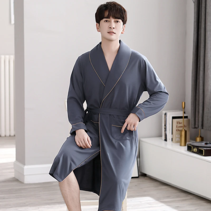 Mens Simple Long Robes Spring Autumn Long Sleeve Bathrobes Man Soft Modal Dressing Gown Breathable Kimono Bath Robe With Belt