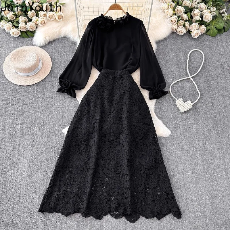 Women 2 Piece Sets Elegant Vintage O-neck 3D Flower Chiffon Shirts Hollow Out Lace Bodycon Skirts Suit Summer Two Piece Set