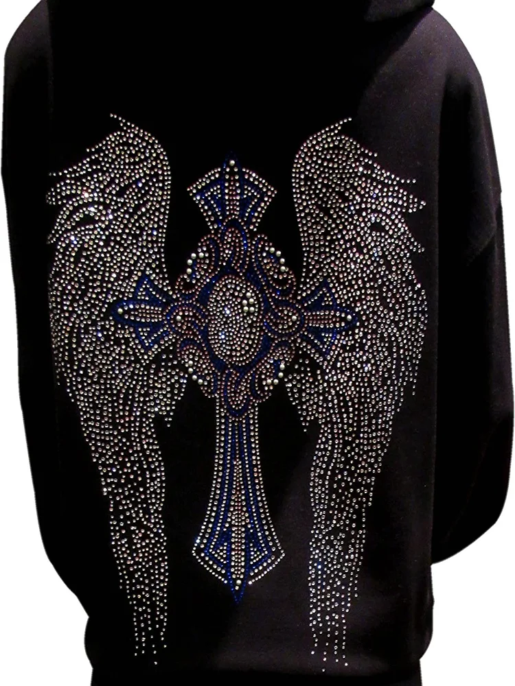 Multicolor Rhinestone Cross and Angel Wings Black Zipper Hoodie