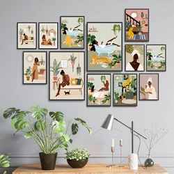 African Woman Art Prints Boho Abstract Fashion Afro Black Girl Bathing Posters Tropical Plants Jungle Lady Canvas Painting Decor