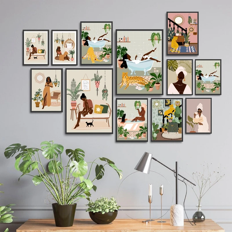 African Woman Art Prints Boho Abstract Fashion Afro Black Girl Bathing Posters Tropical Plants Jungle Lady Canvas Painting Decor