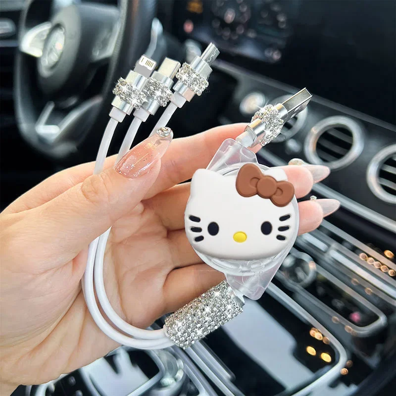كابل شحن Sanrio Hellokittys 3 في 1 لهاتف Iphone Android Micro Usb Type-C كابل بيانات USB لطيف للهاتف المحمول