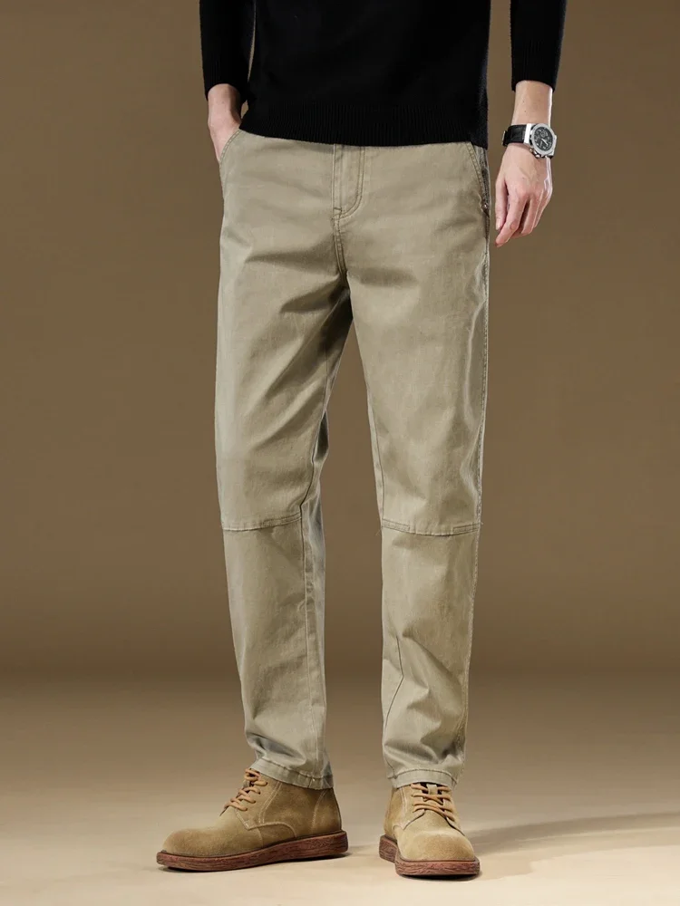 Autumn New 97% Cotton Men\'s Cargo Pants Vintage Straight Splicing Work Jogger Trousers Baggy Casual Brand Male Pants Khaki Grey