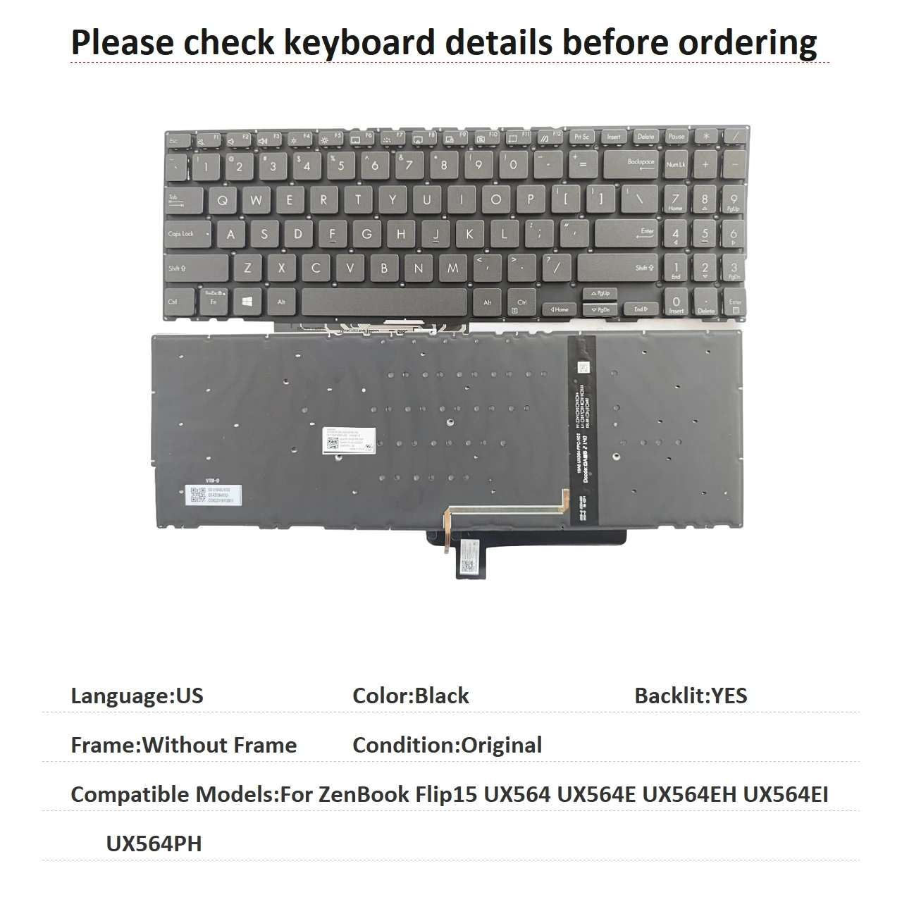 New US Language  Backlit Keyboard For ASUS ZenBook Flip15 UX564 UX564E UX564EH UX564EI UX564PH Notebook PC Replacement Keyboard