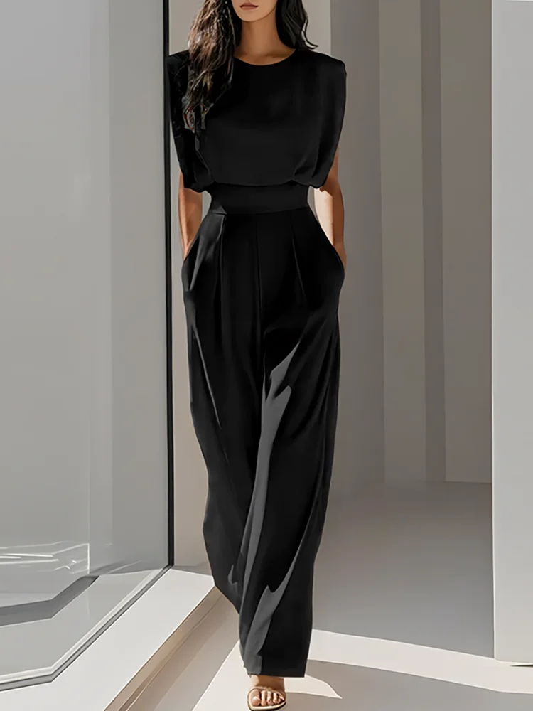 

Office Elegant Temperament Party Romper Casual O-neck Hight Waist Solid Color Long Jumpsuit 2025 Fashion Pleated Pocket Playsuit