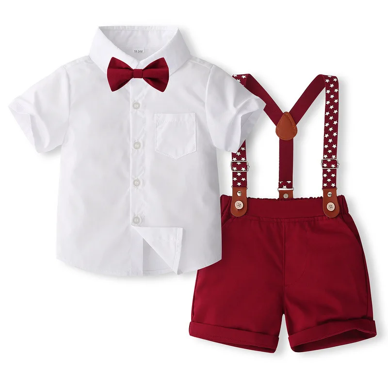 

4Piece Summer Kids Clothes Boys Korean Fashion Gentleman Cotton Short Sleeve Baby Tops+Shorts+Tie+Straps Children's Sets B012