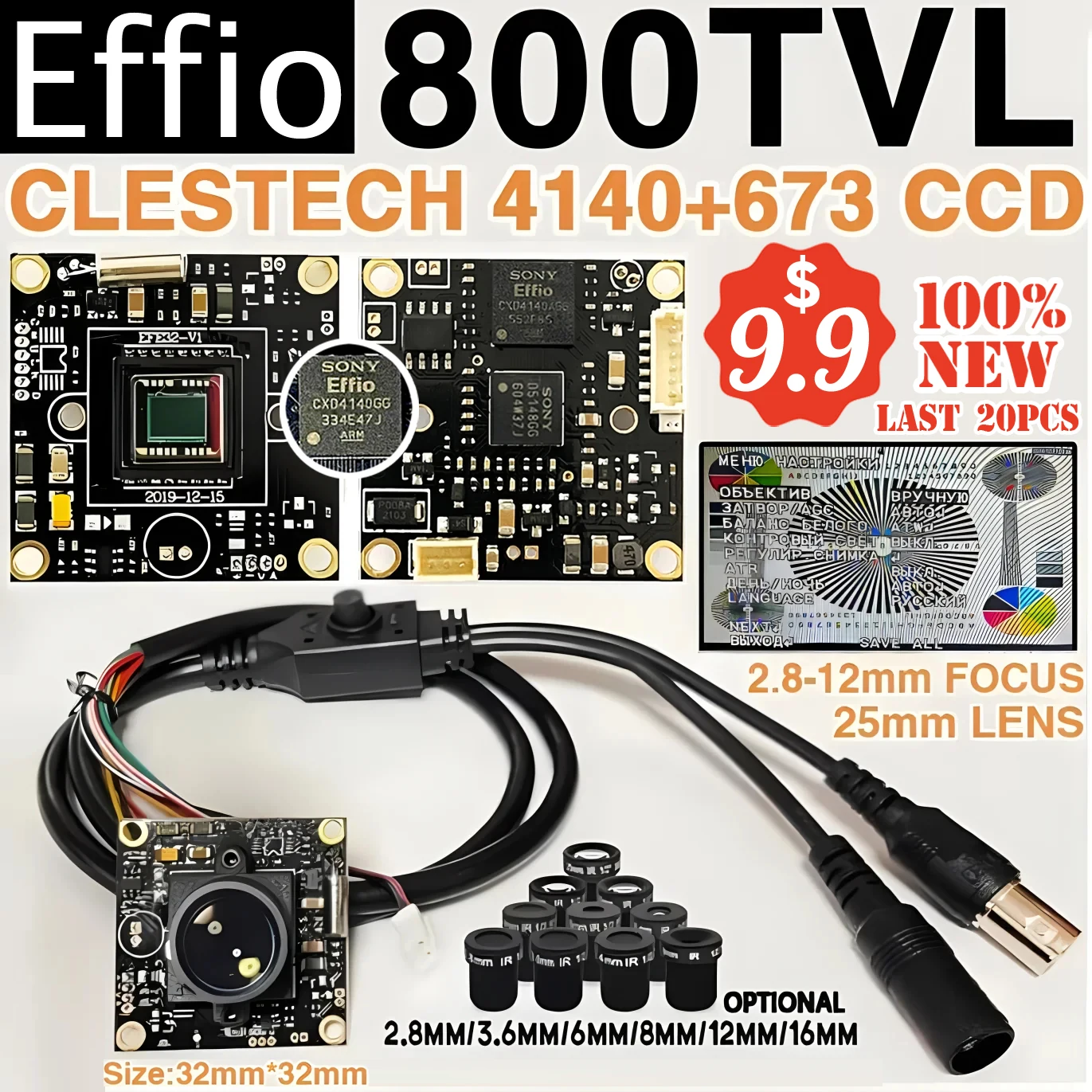 

800TVL 1/3"Sony Ccd Effio 4140+673 HD CCTV Camera Analog Chip Module Board Full Complete Osd Menu Cable Microscope DIY 32mm*32mm