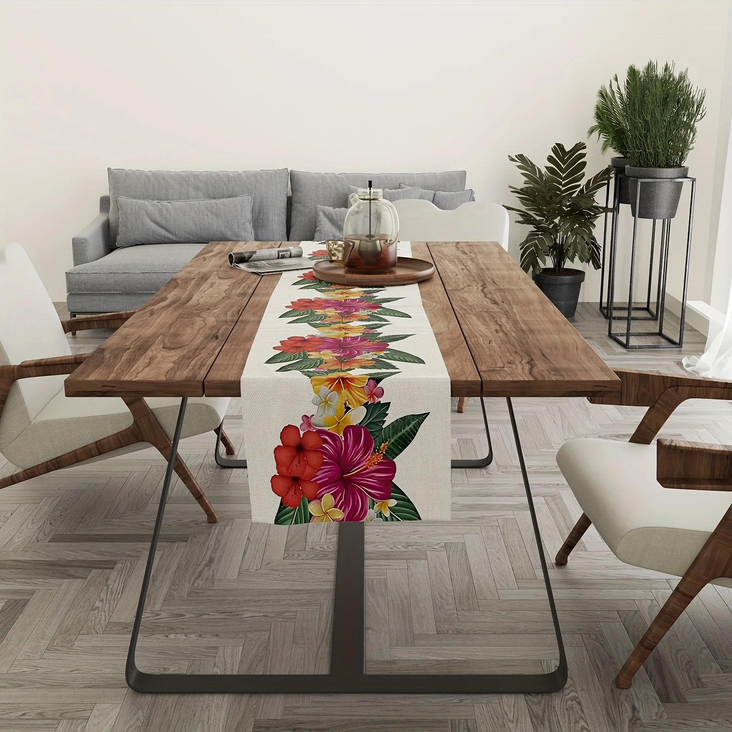 Table Runner Watercolor Tropical Plants Table Runners for Dining Room Puerto Rican Hibiscus Floral Green Leaves Dresser Scarves