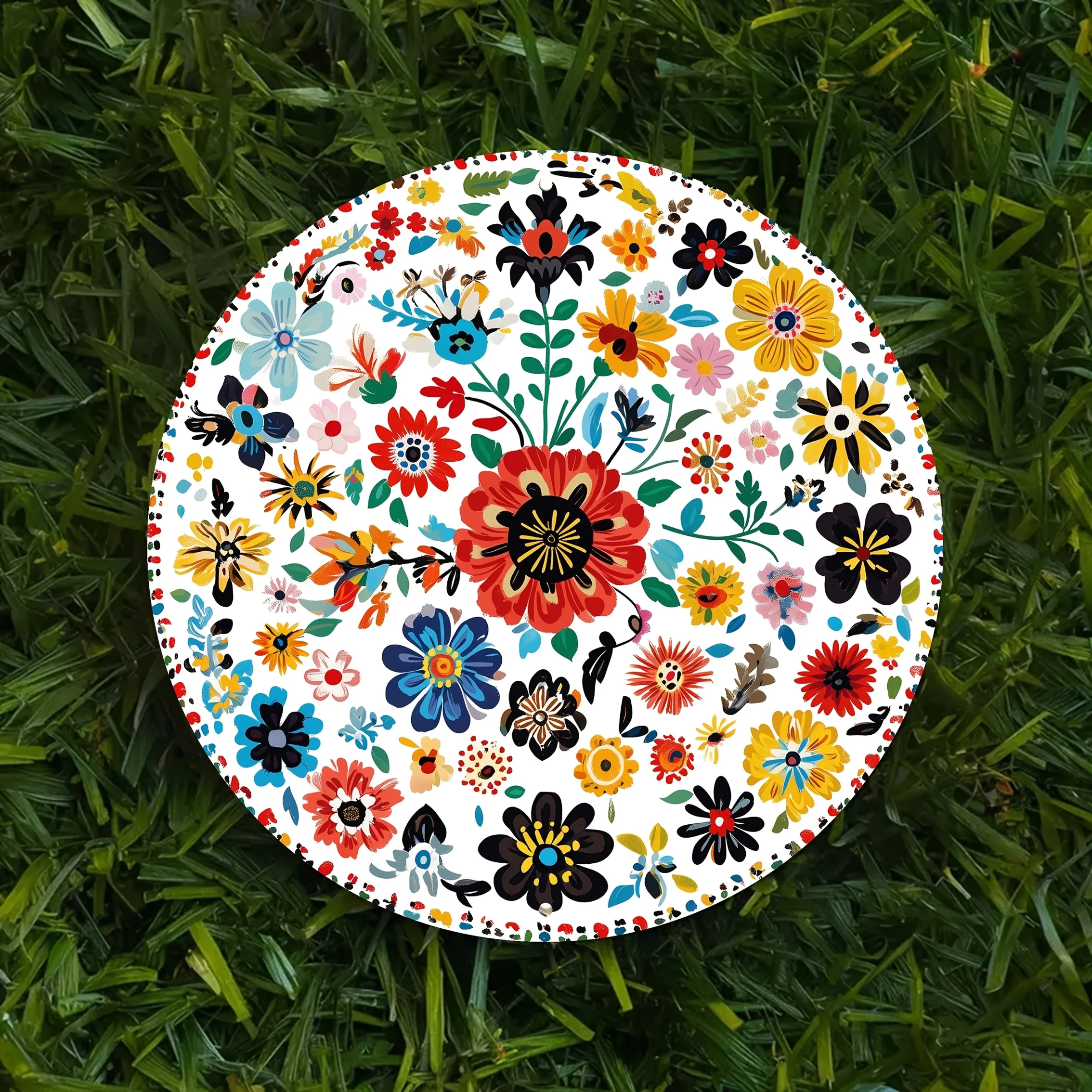Mexican Folk Art Metal Wall Decor Tin Sign with Multicolor Mexican Flowers (Marigolds, Daisies, Lilies) Sombrero-like Patterns