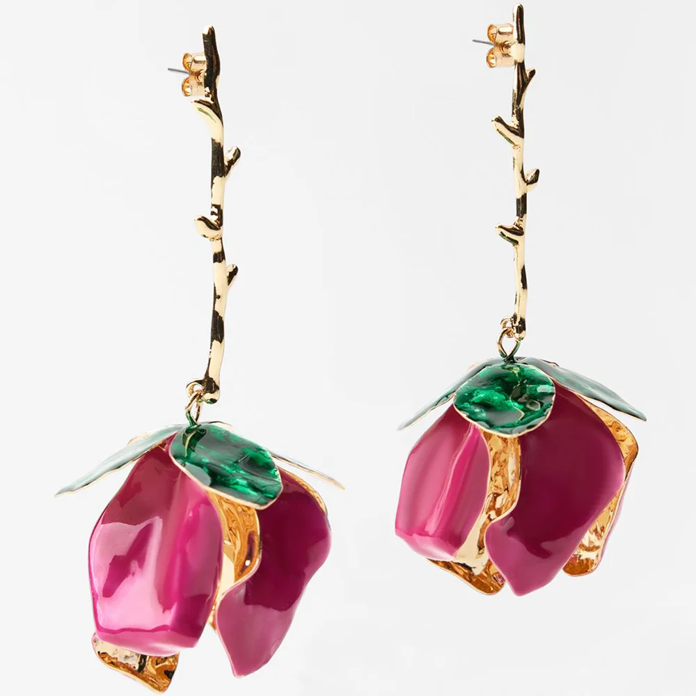 Vedawas Artistic 3D Rose Drop Earrings with Enamel Petals and Green Leaves for Elegant and Bohemian Women