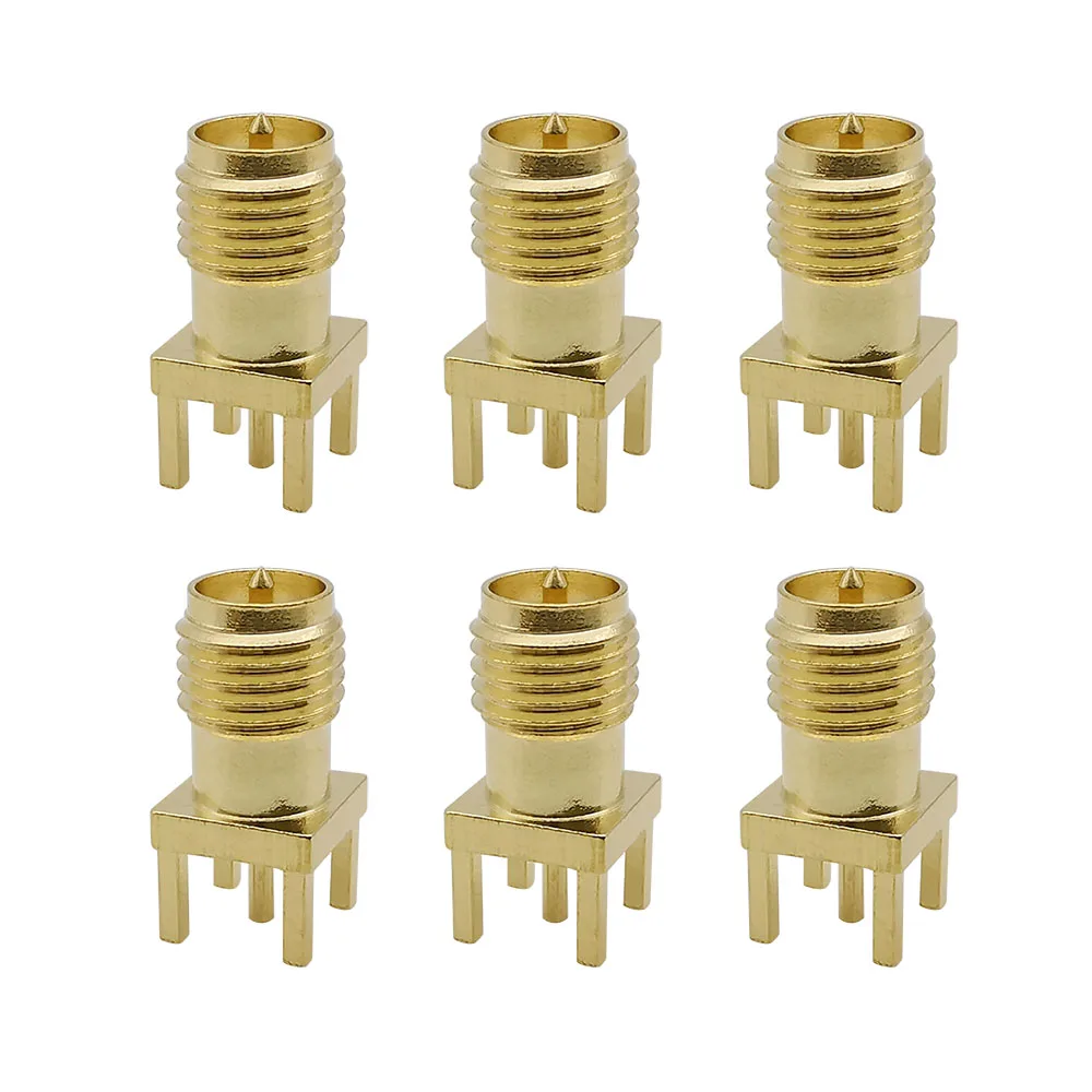 6Pcs RP SMA Female (Male Pin) PCB Panel Edge Mount Plug with 4 Pins Stand Straight SolderConnector RF Coax Coaxial Adapter