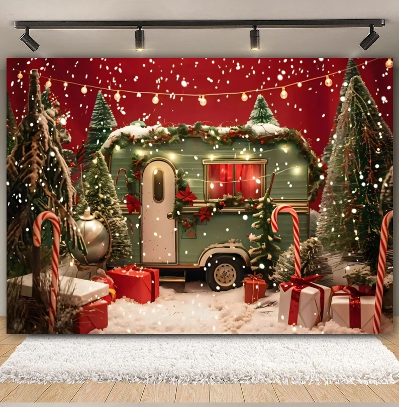 Kersttruck Achtergrond Voor Fotografie Kerstboom Geschenken Winter Bos Candy Cane Kids Familie Feest Achtergrond Fotostudio