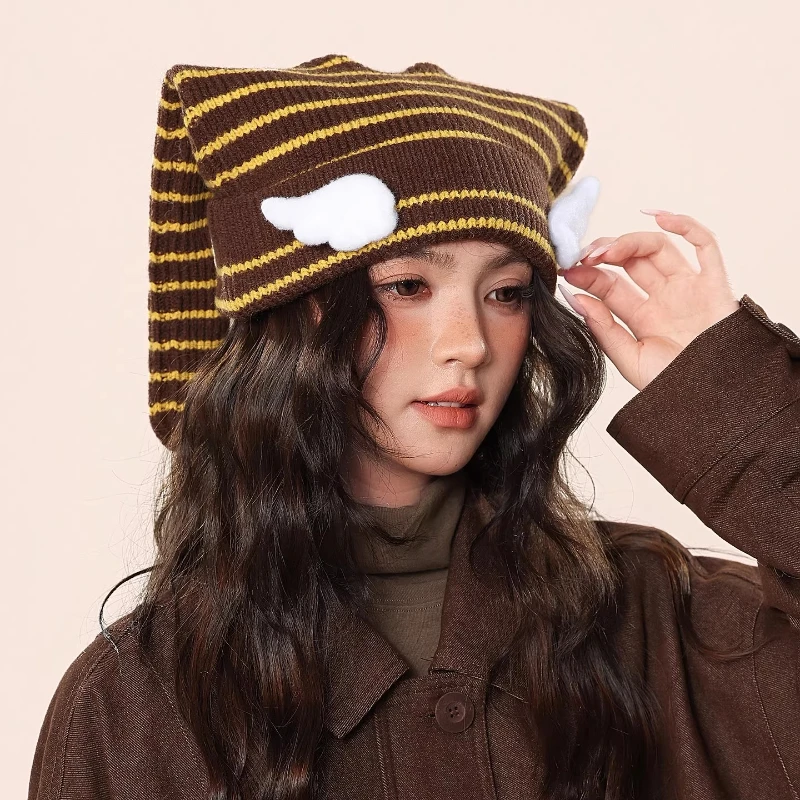 لطيف ثلاثية الأبعاد الجناح تصميم المتناقضة اللون مخطط قبعات منسوجة للنساء شتاء دافئ تنوعا شخصية آذان طويلة Y2K بيني