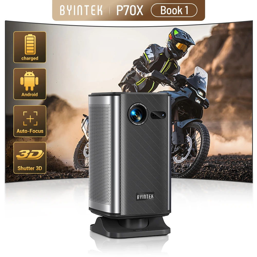 BYINTEK BOOK 1 P70X Portable Built-in Battery 4K Support 3D Wifi for Outdoor Movie Night Home Theater Projectors