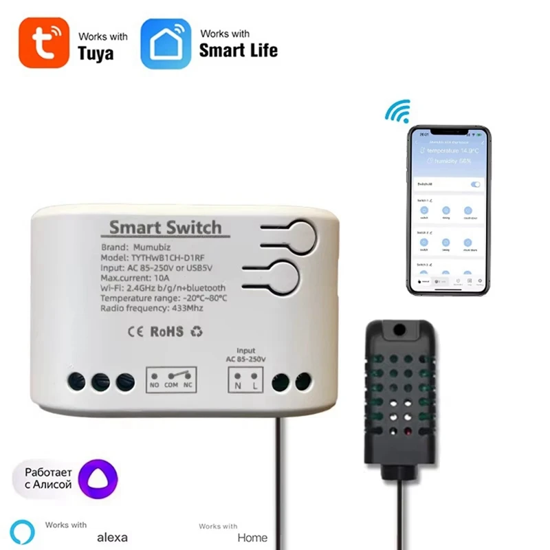 ABZZ-Tuya Smart Life Przełącznik Wi-Fi Przekaźnik Monitorowanie temperatury i wilgotności Czujnik termostatu Pasywny styk suchy
