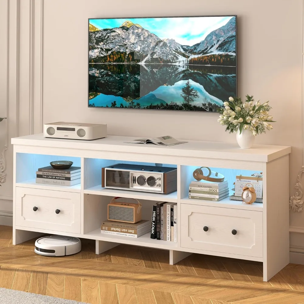 

TV Stand for 65 Inch TV, 55" LED Entertainment Center with Storage Cabinets, Power Outlets and Open Shelf