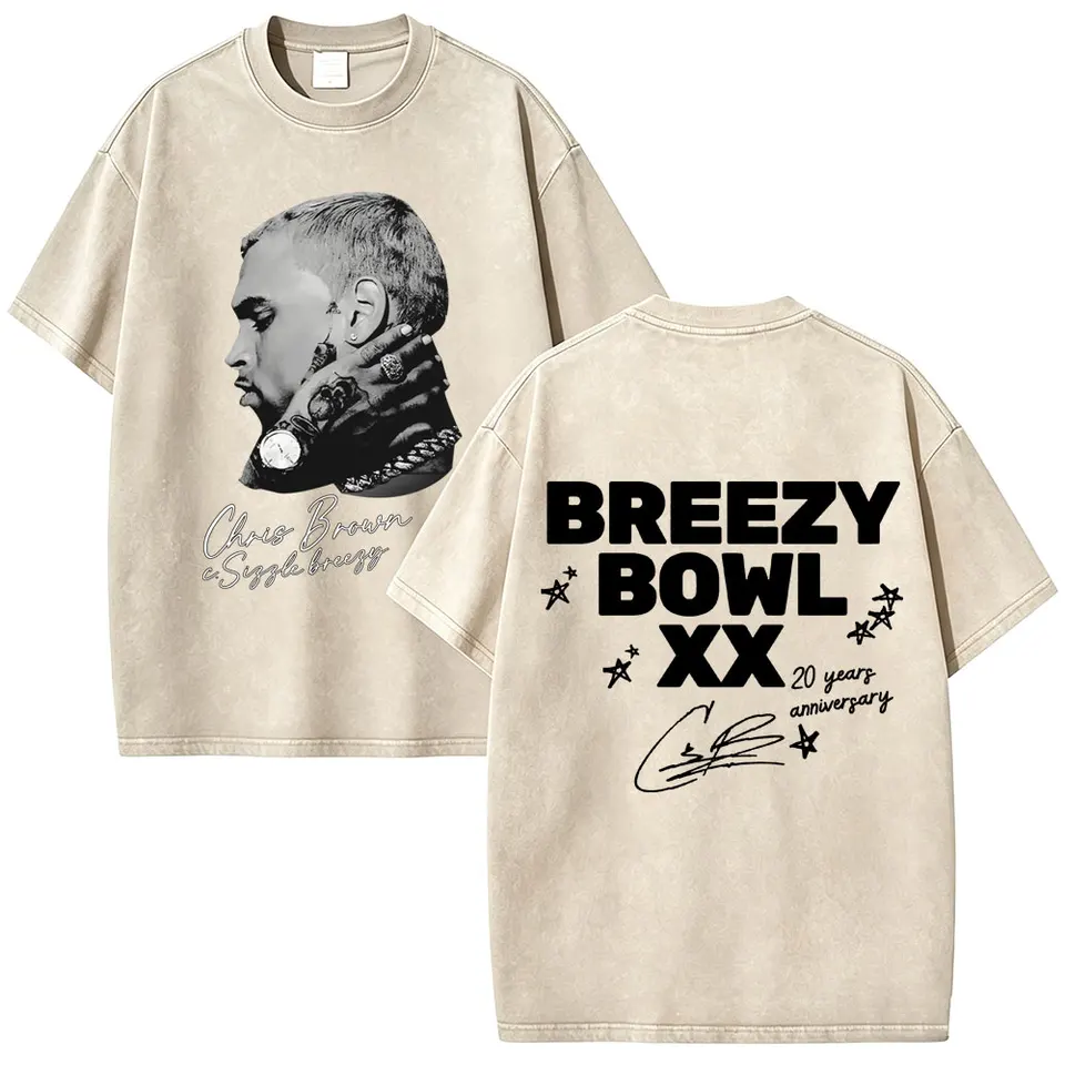 Washed Vintage Rapper Chris Brown Breezy Bowl XX Tour T-shirt Men
