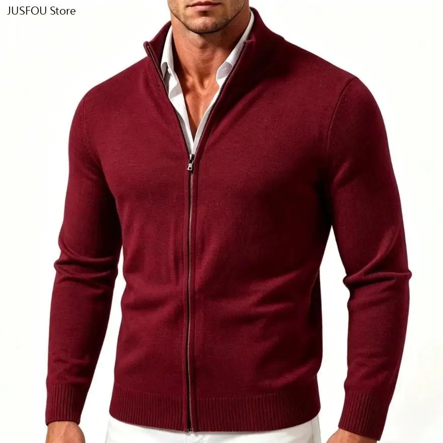 Men European American Stand Collar Knit Cardigan Solid Color Business Sweater Casual Warm Knit Undershirt for Male Daily