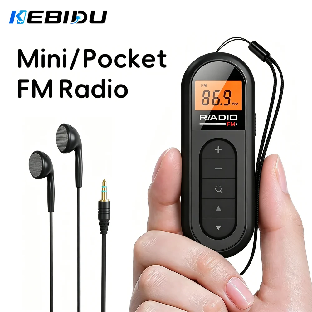 Rádio FM de Bolso KEBIDU Mini Clip, Rádio Estéreo Recarregável com Display LCD e Fone de Ouvido com Fio de 3.5mm para Reuniões, Passeios e Corrida