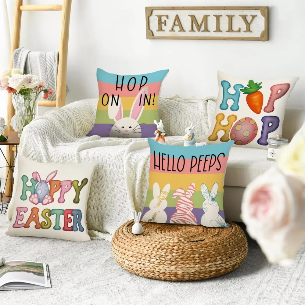 4pcs Spring Easter Happy Throw Pillow, Cute Rabbit, Easter Egg, Double-Sided Printed Design, Soft Plush Cushion with Insert