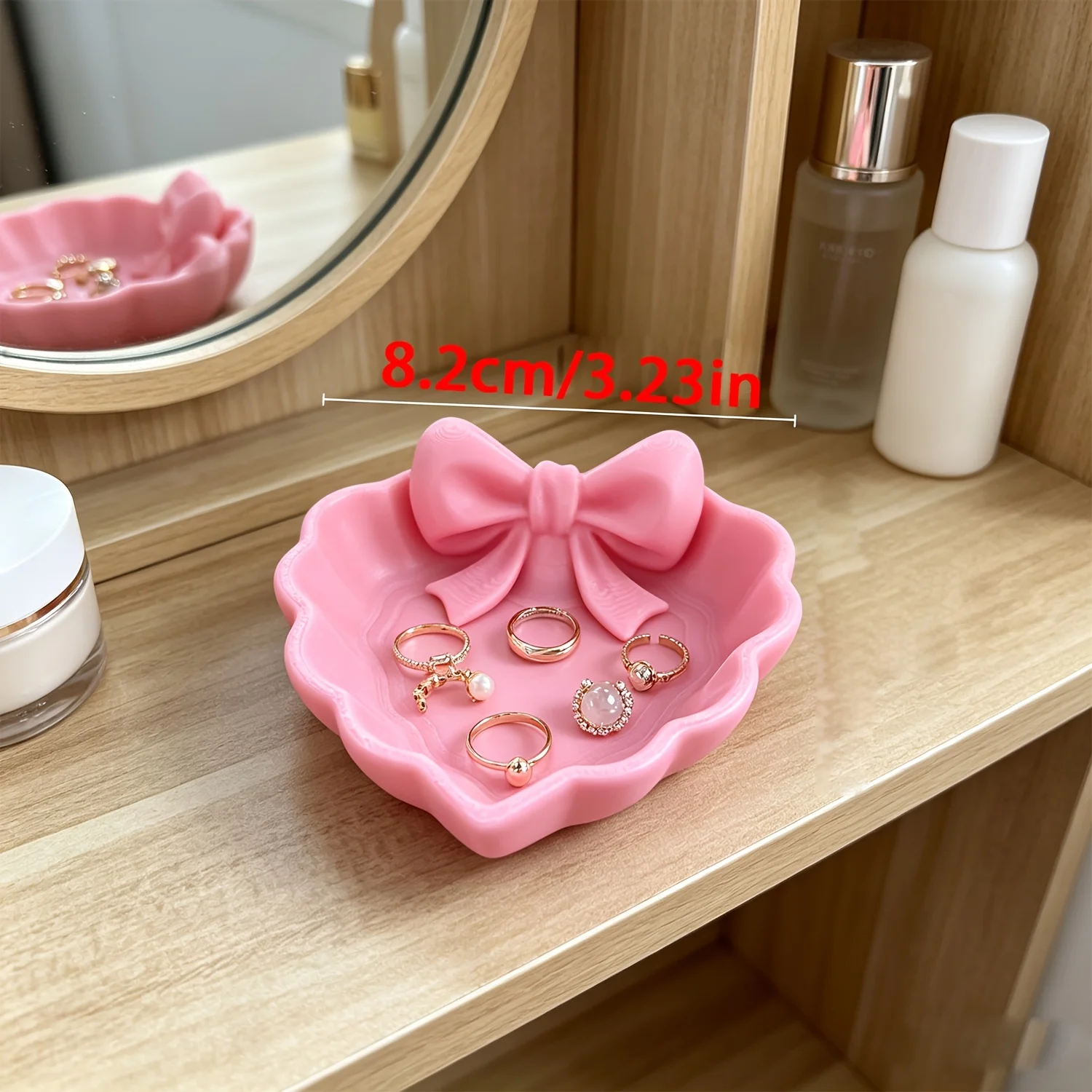 1 pink heart-shaped jewelry tray with a bow, made of durable plastic, ideal for storing jewelry, rings, and more