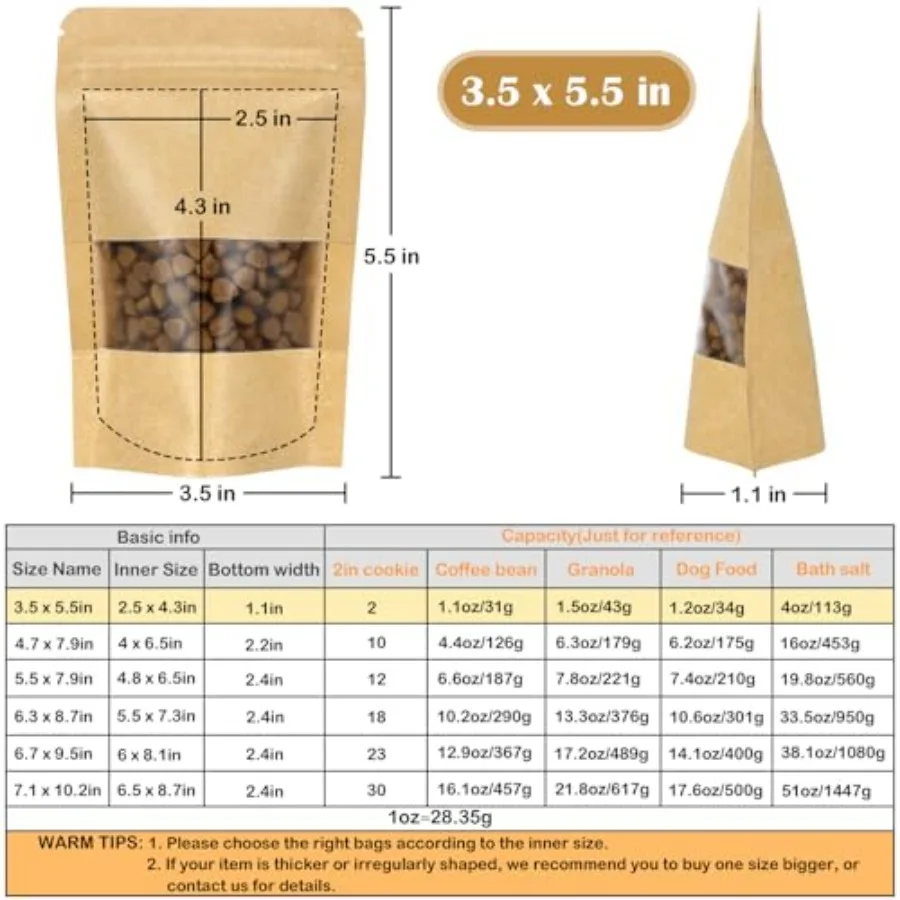 Stand Up Pouch, 100 Pack Self-seal Kraft Paper Bags with Matte Window and Tear Notch Resealable Bags for Small Business and Hom