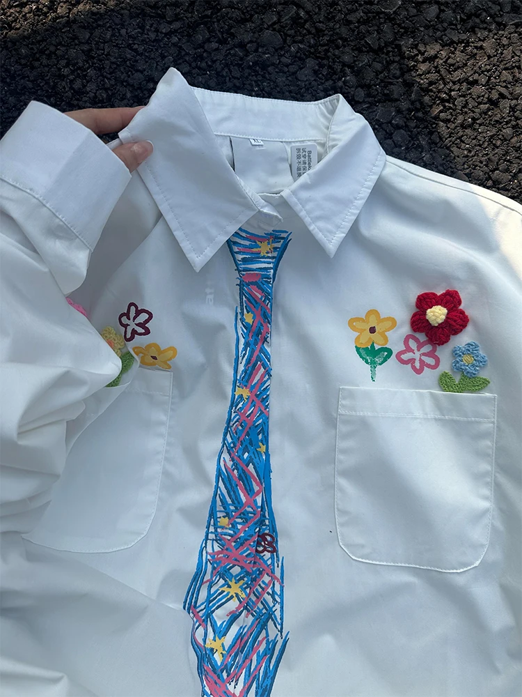 

Мужская рубашка с длинным рукавом в американском стиле, расписанная вручную, весенняя, в университетском стиле, уникальный дизайн, для пар, повседневная, модная верхняя одежда