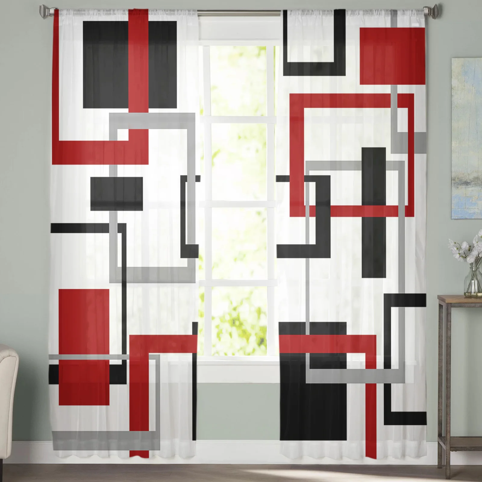 Abstract Geometric Squares Art Black Red Sheer Curtain Living Room Printed Tulle Window Curtain Luxury Home Balcony Decor Drapes