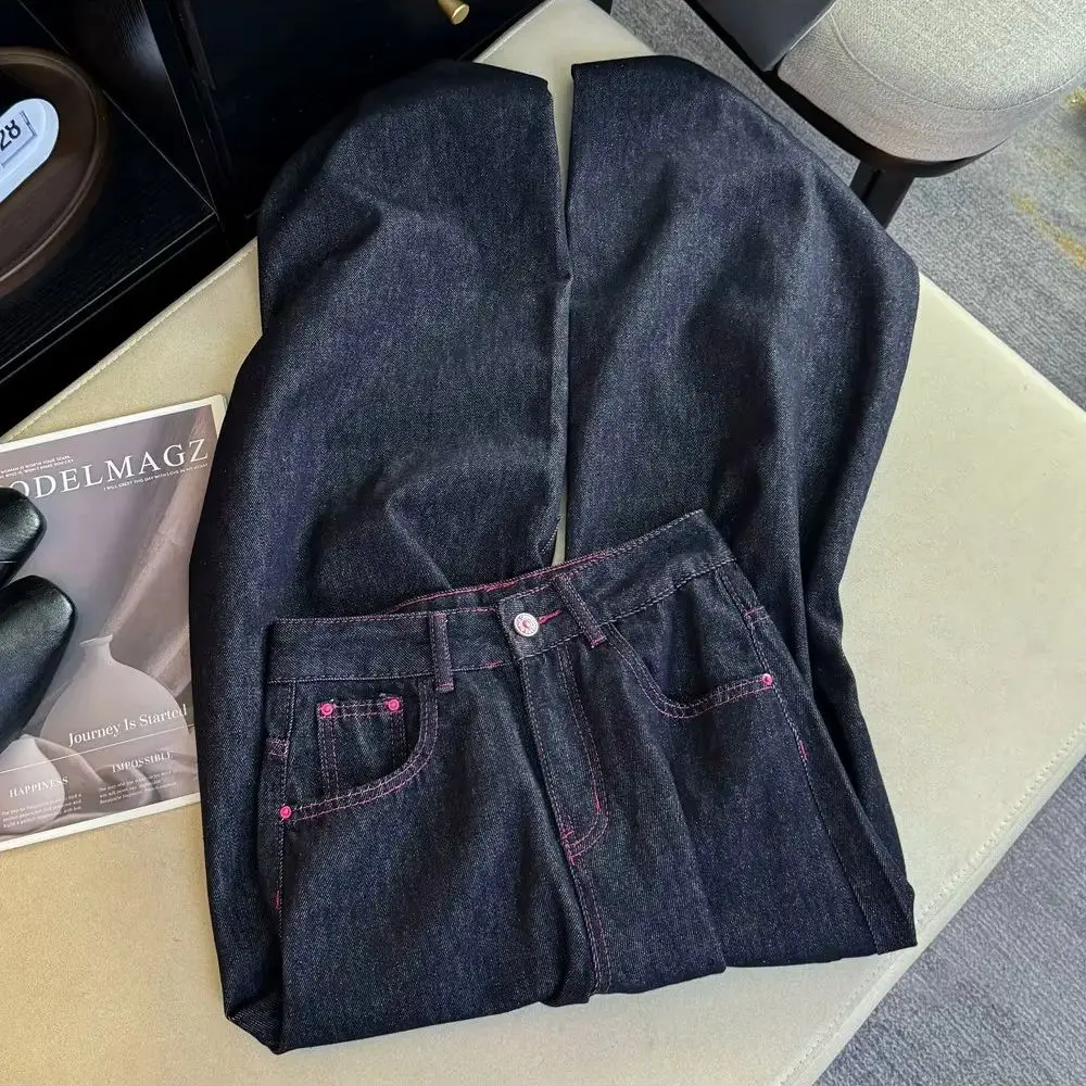 Dark Blue Embroidered Letters Wide Leg Jeans Women Spring Autumn High Waist Loose Straight Denim Pants American Retro Trousers