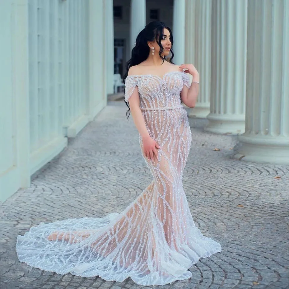 

Romantic Mermaid Prom Dresses فستان سهرة Beaded Lace Off the Shoulder Formal Evening Dress Arabic Dubai Women Wedding