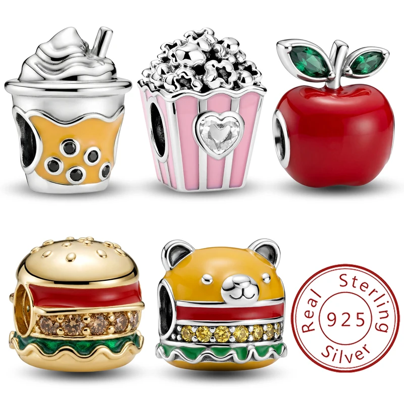 925 Sterling Silver Personalized Burger Apple Fashion Popcorn Charms Beads Fit Original Bracelets Bangles Fine Jewelry Gift