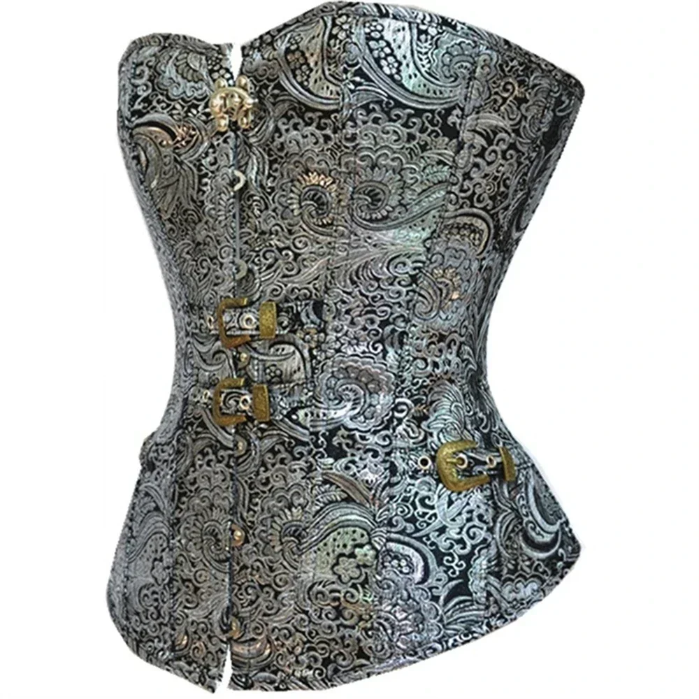 Women's Corset Steampunk Body Shapewear Silver Vintage Gothic Bodice Bustier Overbust Burlesque Goth Waist Lace-up Corselet