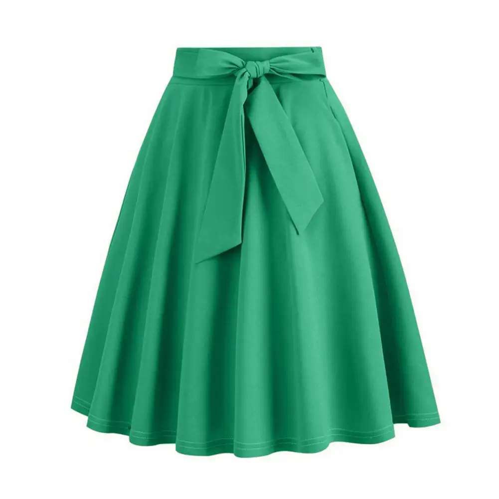 

Women Skirt Belted Tight Waist Bow Decor A-line Big Swing High Waist Ruffle Summer Skirt