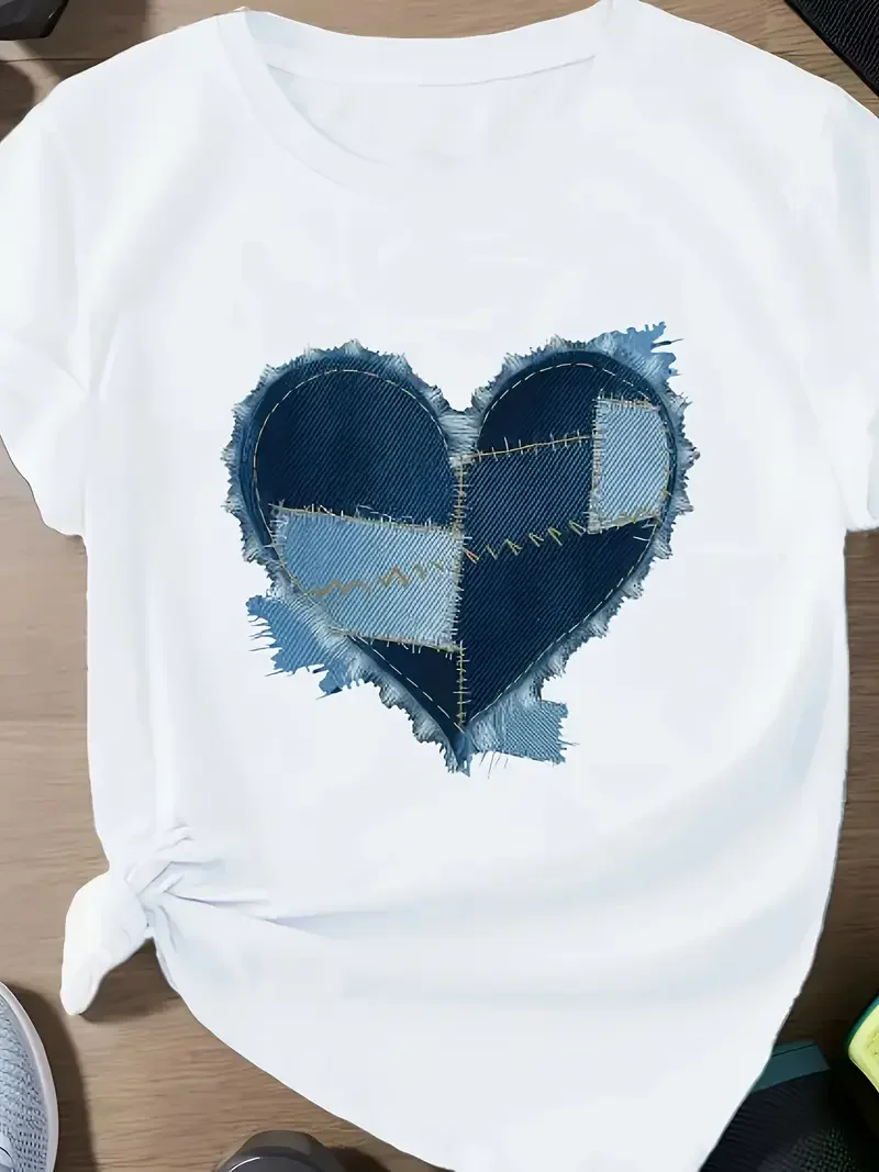 

Plus - Size White Round Neck T - Shirt with Denim - patch Heart Print: Rustic - chic and Artisanal