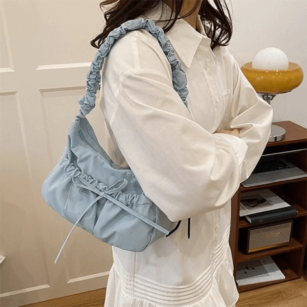 

Fashion Nylon Bow Pleated Bag Solid Color Drawstring Pleated Shoulder Bag Kroean Style Adjustable Women's Handbag Girls