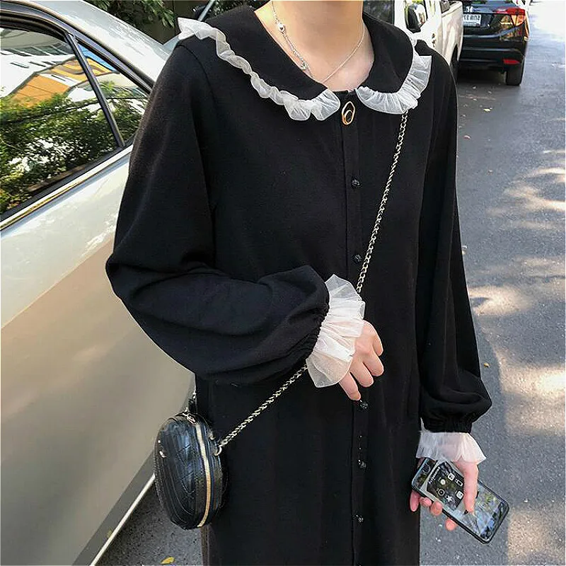 Women Peter Pan Collar Black Dress Elegant Patchwork Long Sleeve A-line Female Fashion Retro Pleated Dresses Solid Streetwear