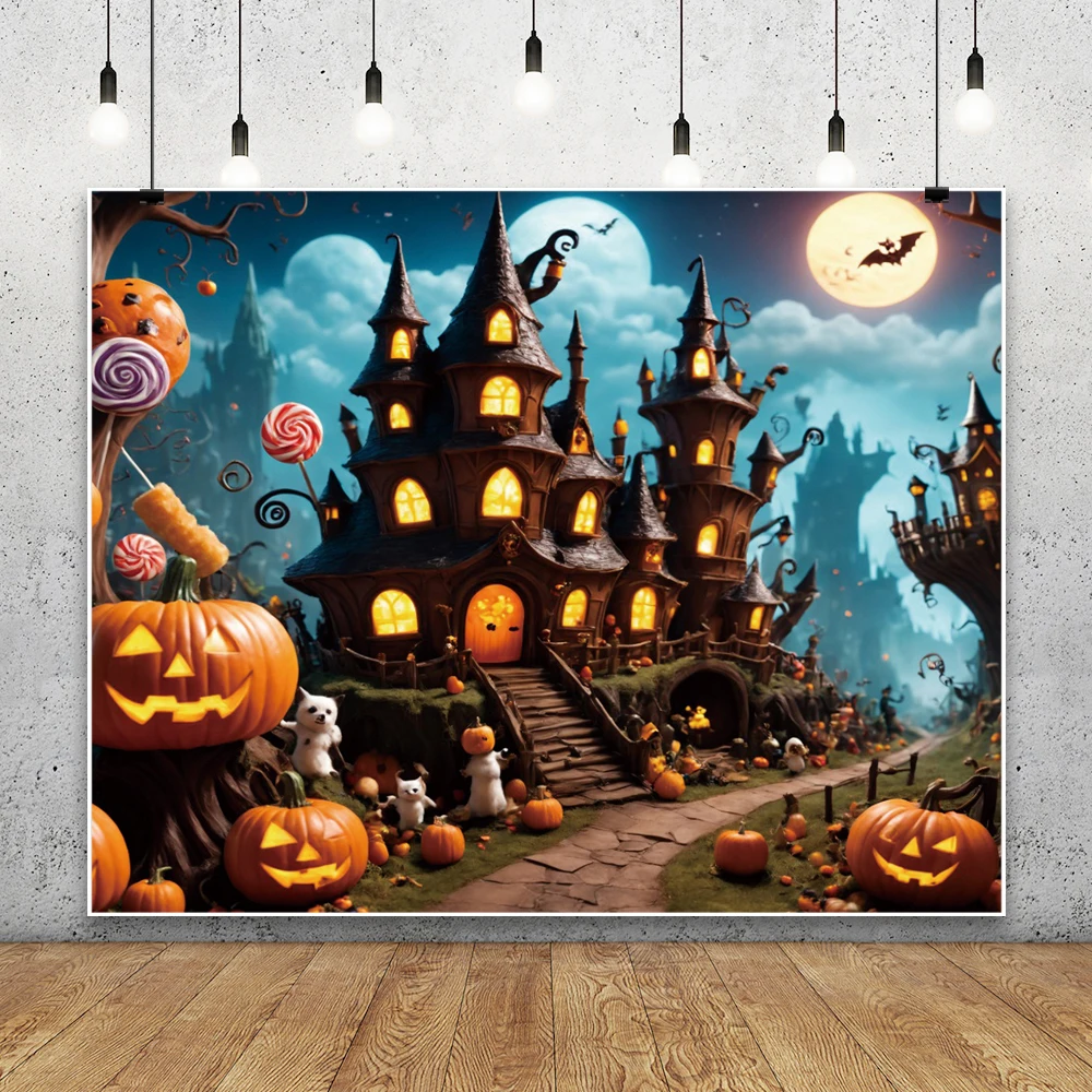 خلفية للتصوير الفوتوغرافي لبيوت القرع للهالوين، مشهد مقبرة قلعة الليل المظلم للأطفال، خلفية صورة للحفلات