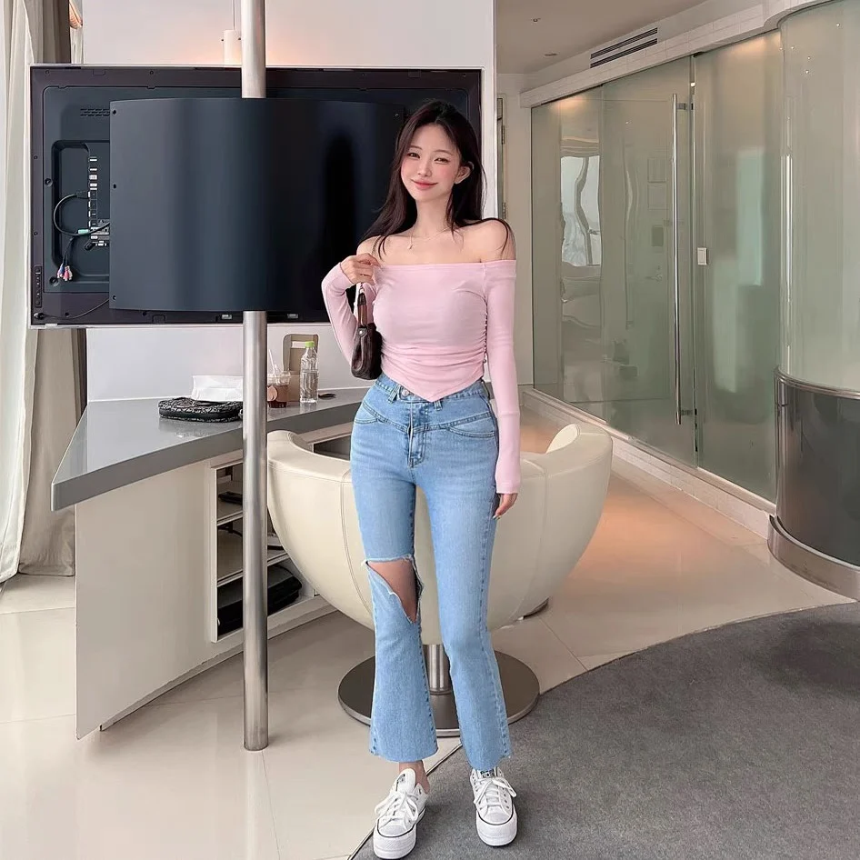 

Slim Fit Long Sve T-irt Women's Korean Sle oulder Bared Uneven One oulder Design Combed Cotton Casual Top