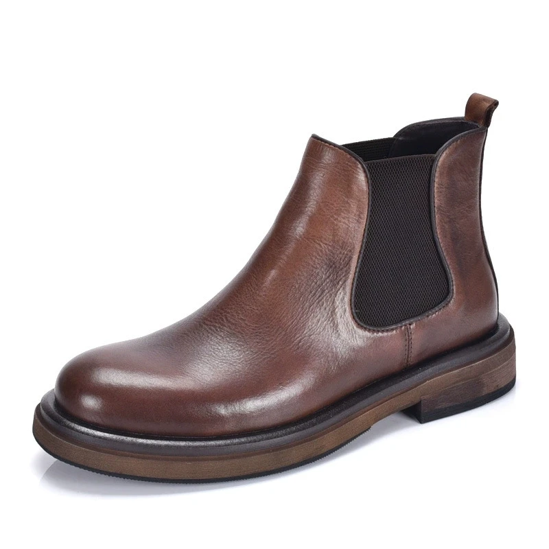 British Style High Top Men's Chelsea Boots Increase Height Classic Luxury Genuine Leather Elastic Band Men Autumn Winter Shoes