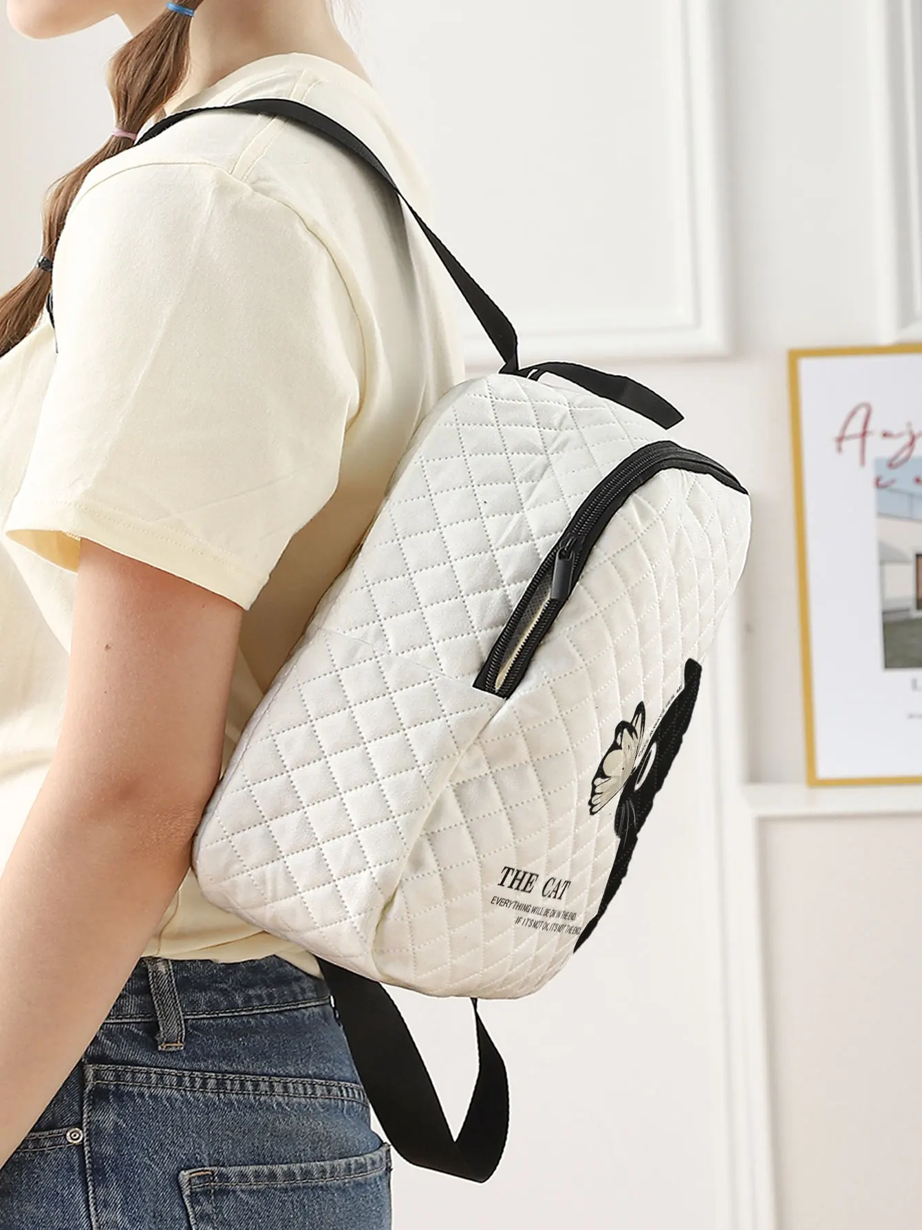 Black Cat Butterfly Print Quilted Compact Backpack, Suitable For Outdoor, Travel, Campus, Unisex For Men And Women Daily Use view 3