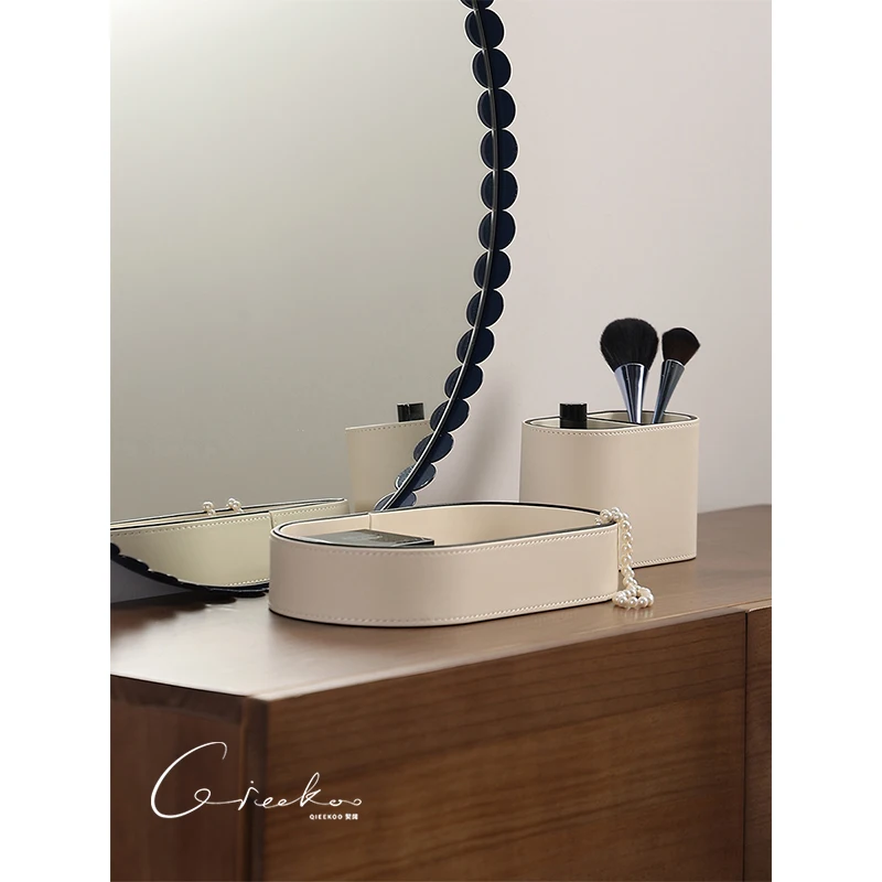 

White leather high and low storage tray, living room bedroom remote control storage box storage box ornament