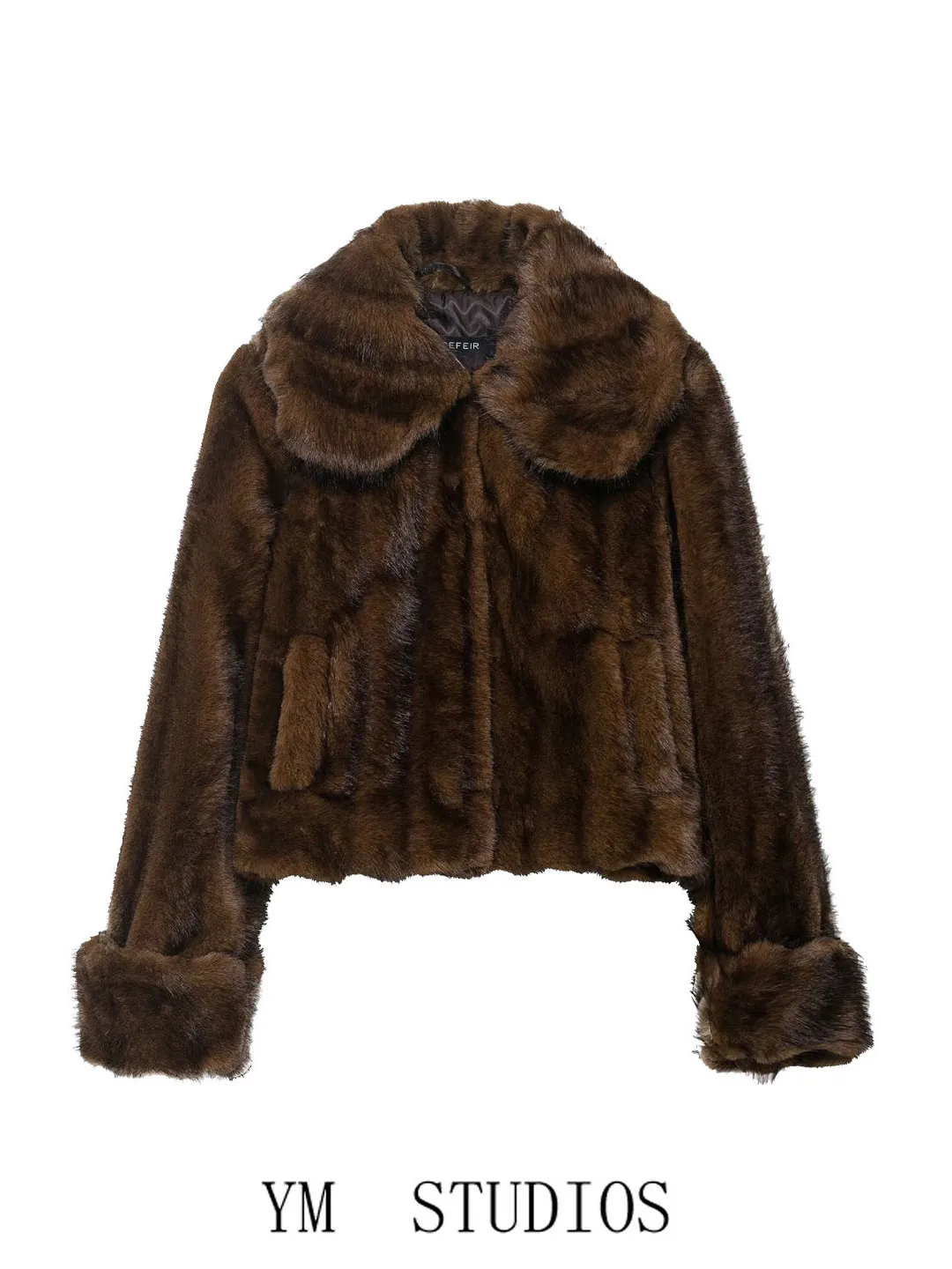 

Women's American Retro Brown Faux Fur ort Coat Winter Plu Coat Casual Loose Fit Long Sve Flip Collar Jaet