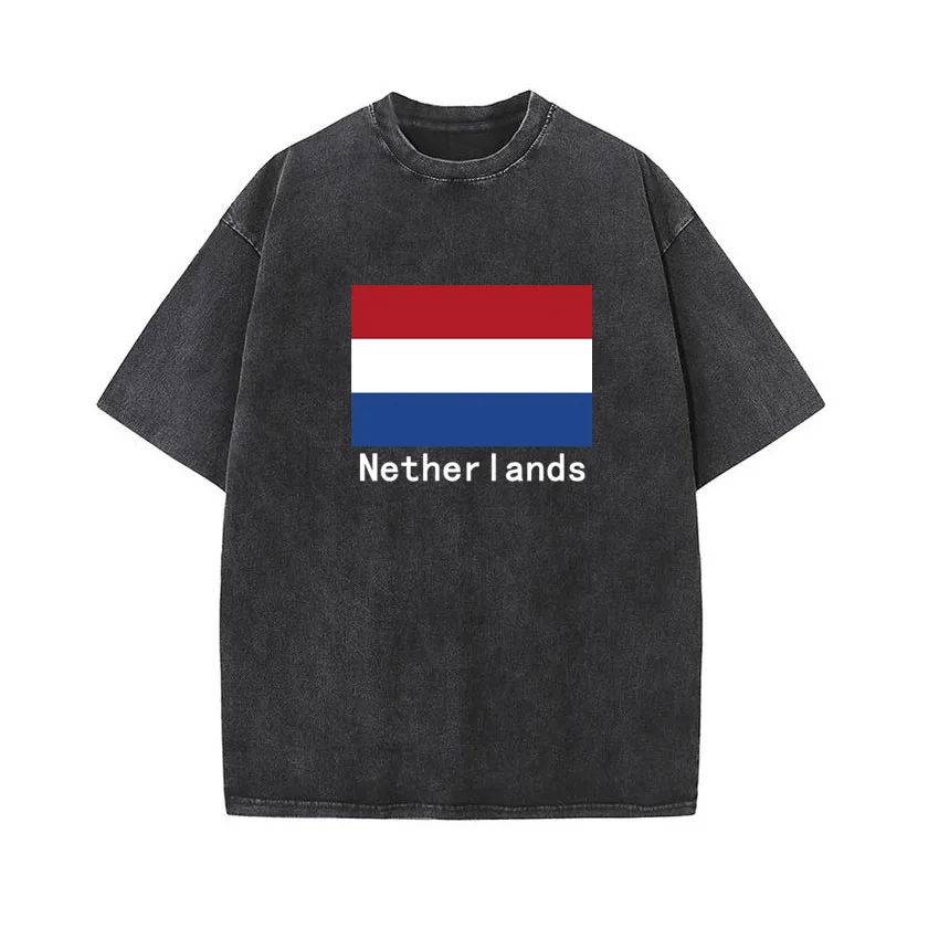 

Netherlands Flag Printed Tshirts Boy Girl T Shirts Cotton Workout Acid Wash Baggy Tees Street Fashion Men Women Tops Unisex